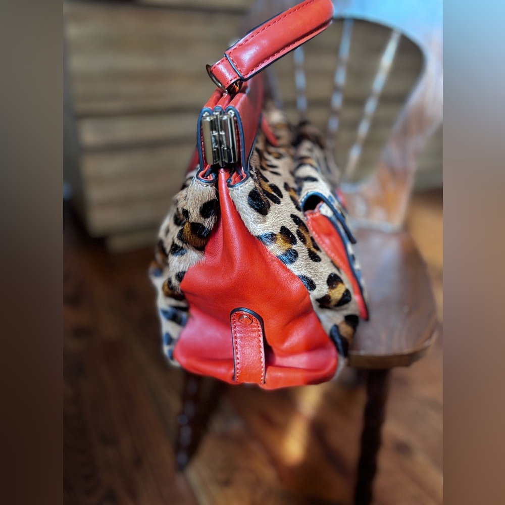 Tory Burch Priscilla Frame Leopard Print Top-Handle Satchel with Red/Orange Trim - Picture 5 of 9